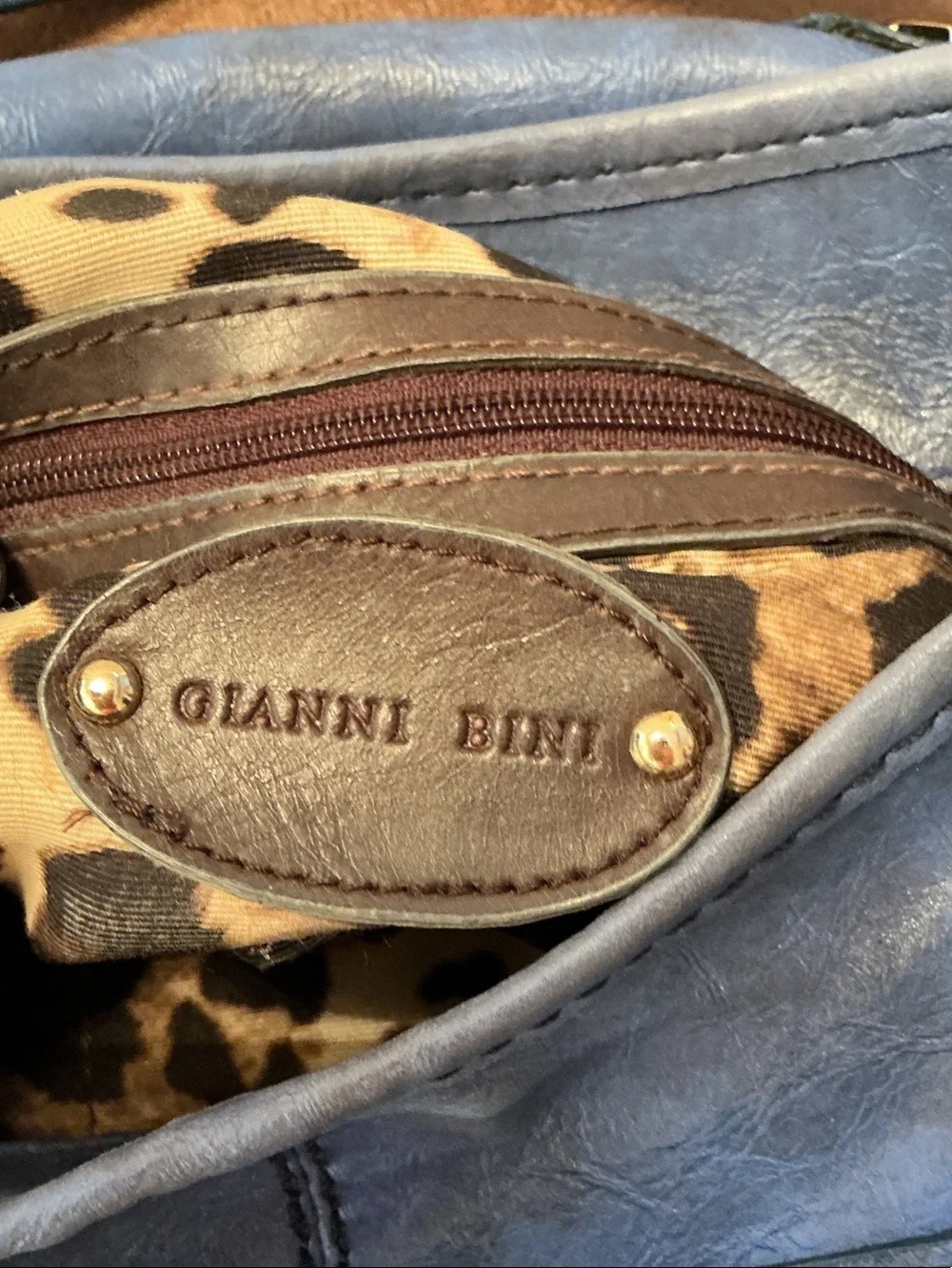 Gianni Bini Denim Blue Large Leather Shoulder Hobo Bag Golden Logo Hardware VTG